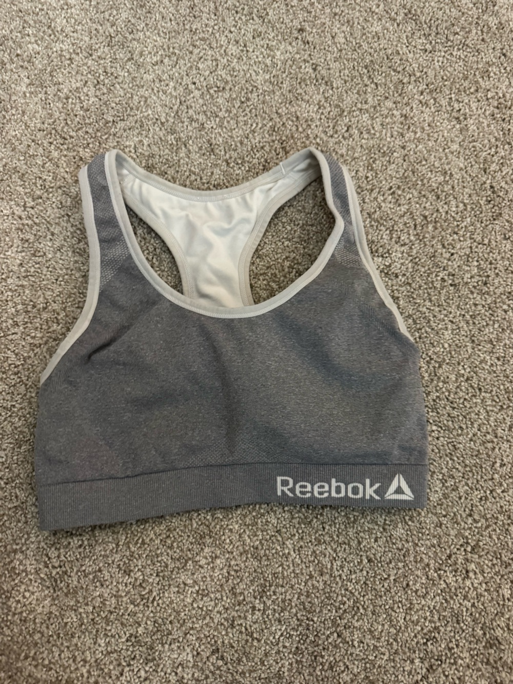 Reebok Gray Racerback Seamless Sports Bra with White Trim